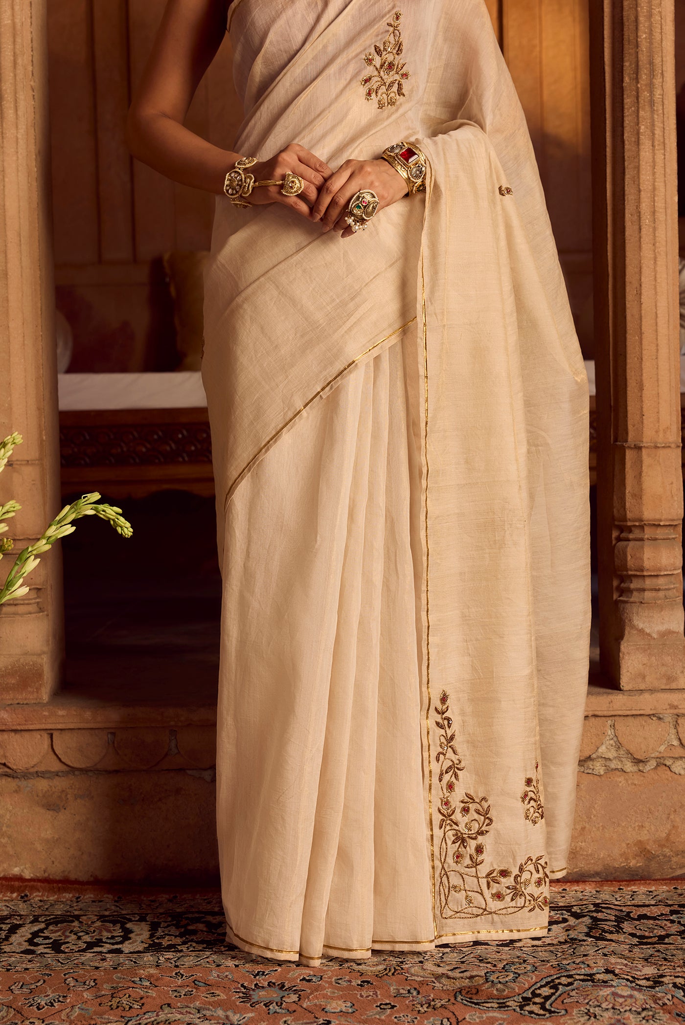 Rumana - Ivory Cream Chanderi Silk Cotton Saree