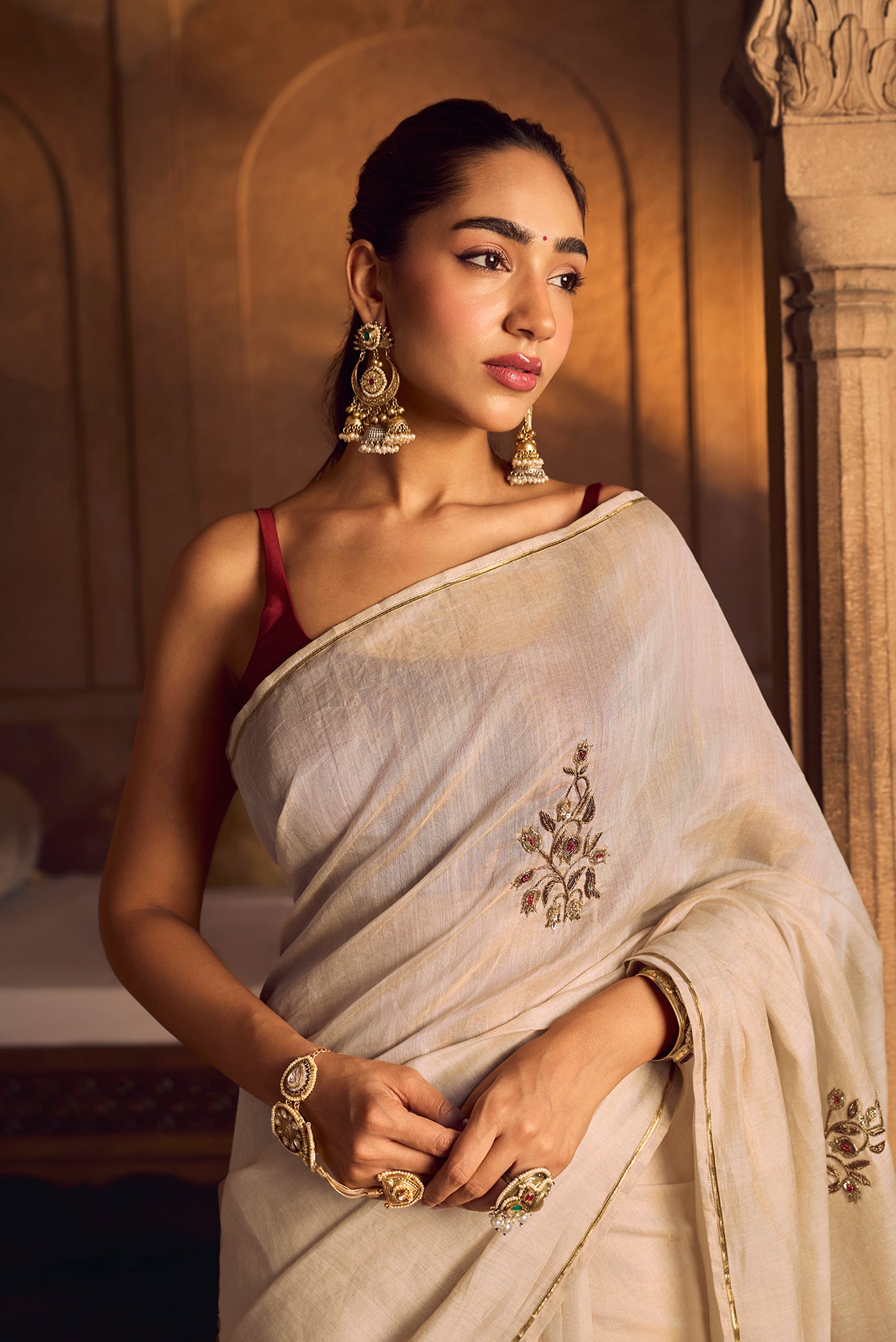 Rumana - Ivory Cream Chanderi Silk Cotton Saree