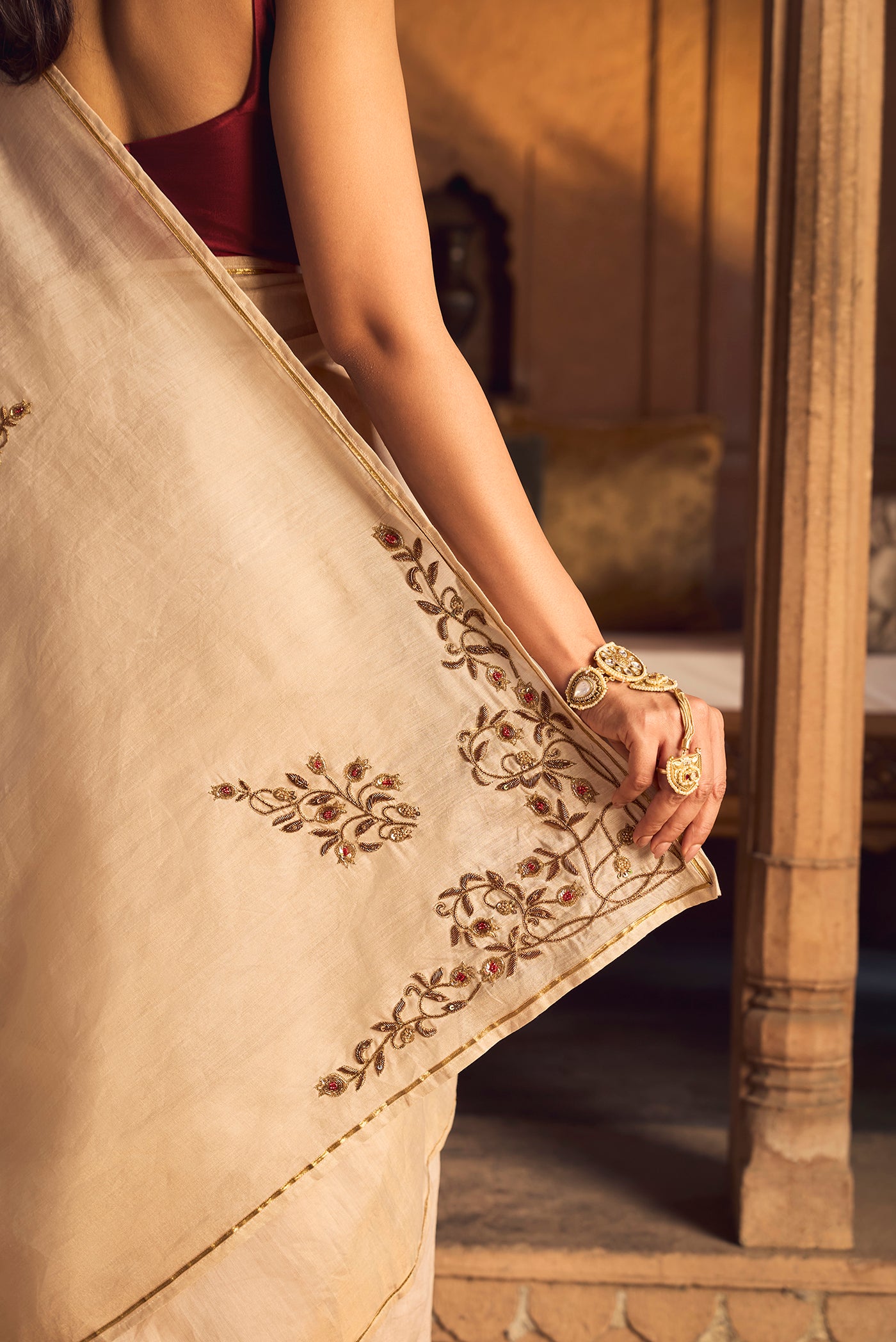 Rumana - Ivory Cream Chanderi Silk Cotton Saree
