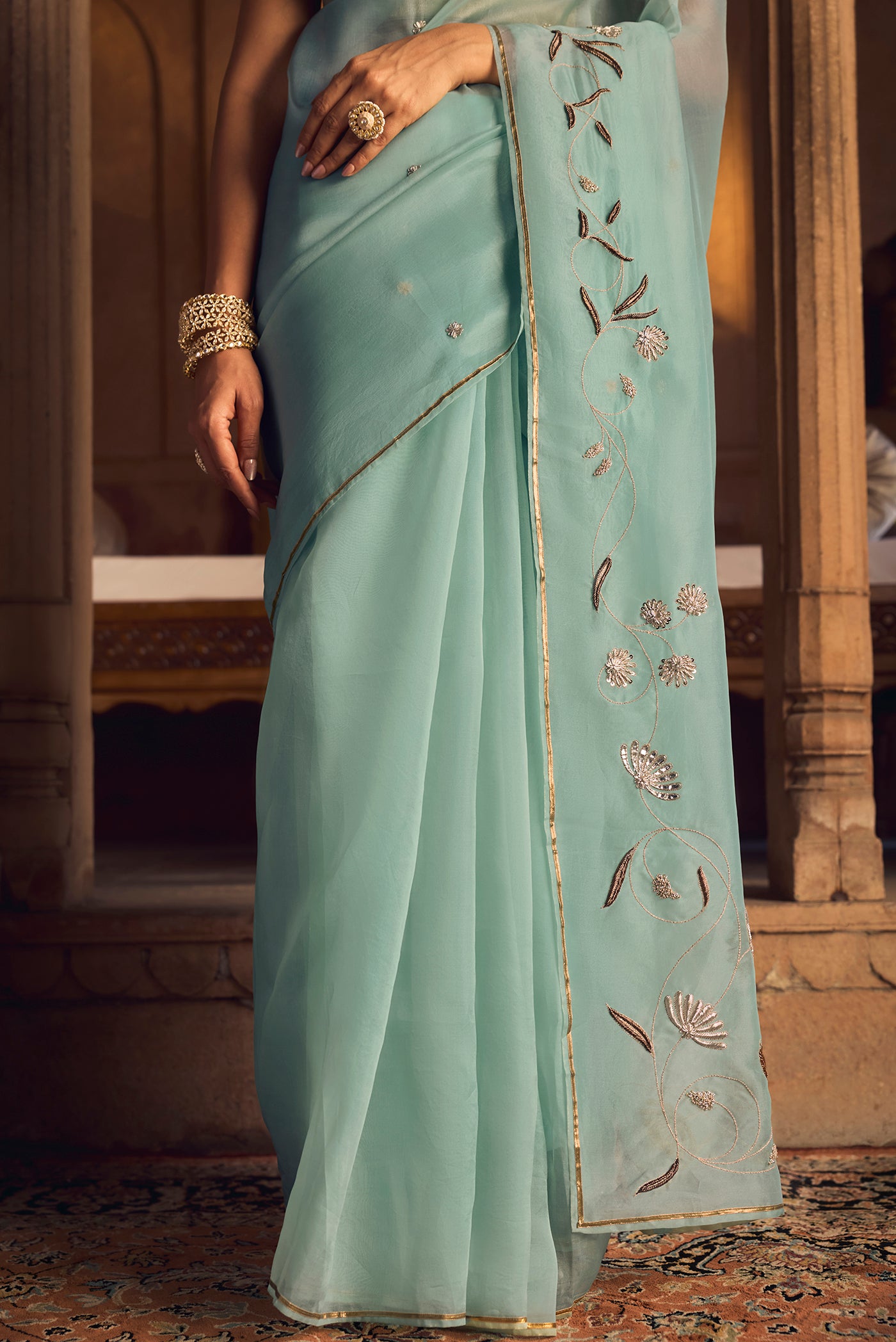 Bahar-Green Zardozi Organza Silk Saree