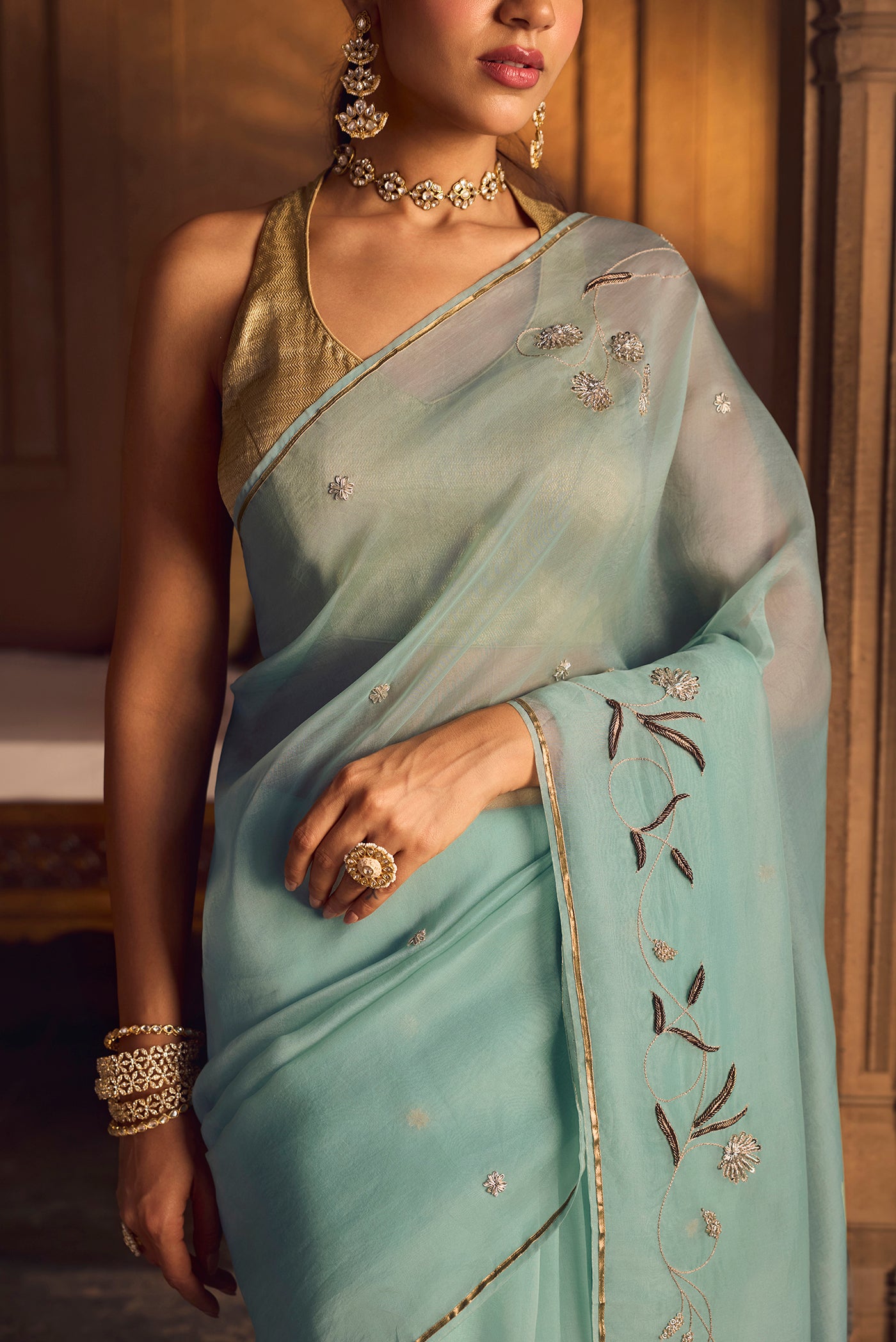 Bahar-Green Zardozi Organza Silk Saree