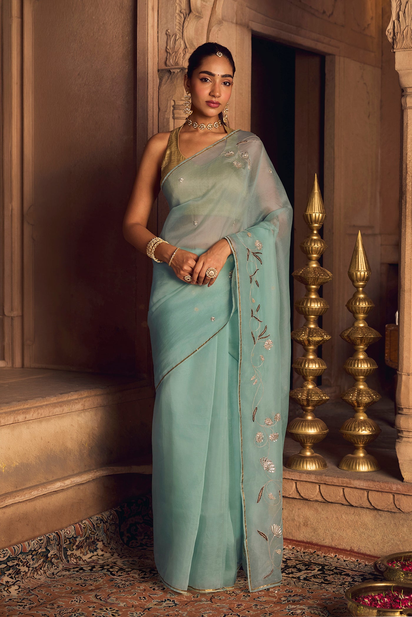 Bahar-Green Zardozi Organza Silk Saree