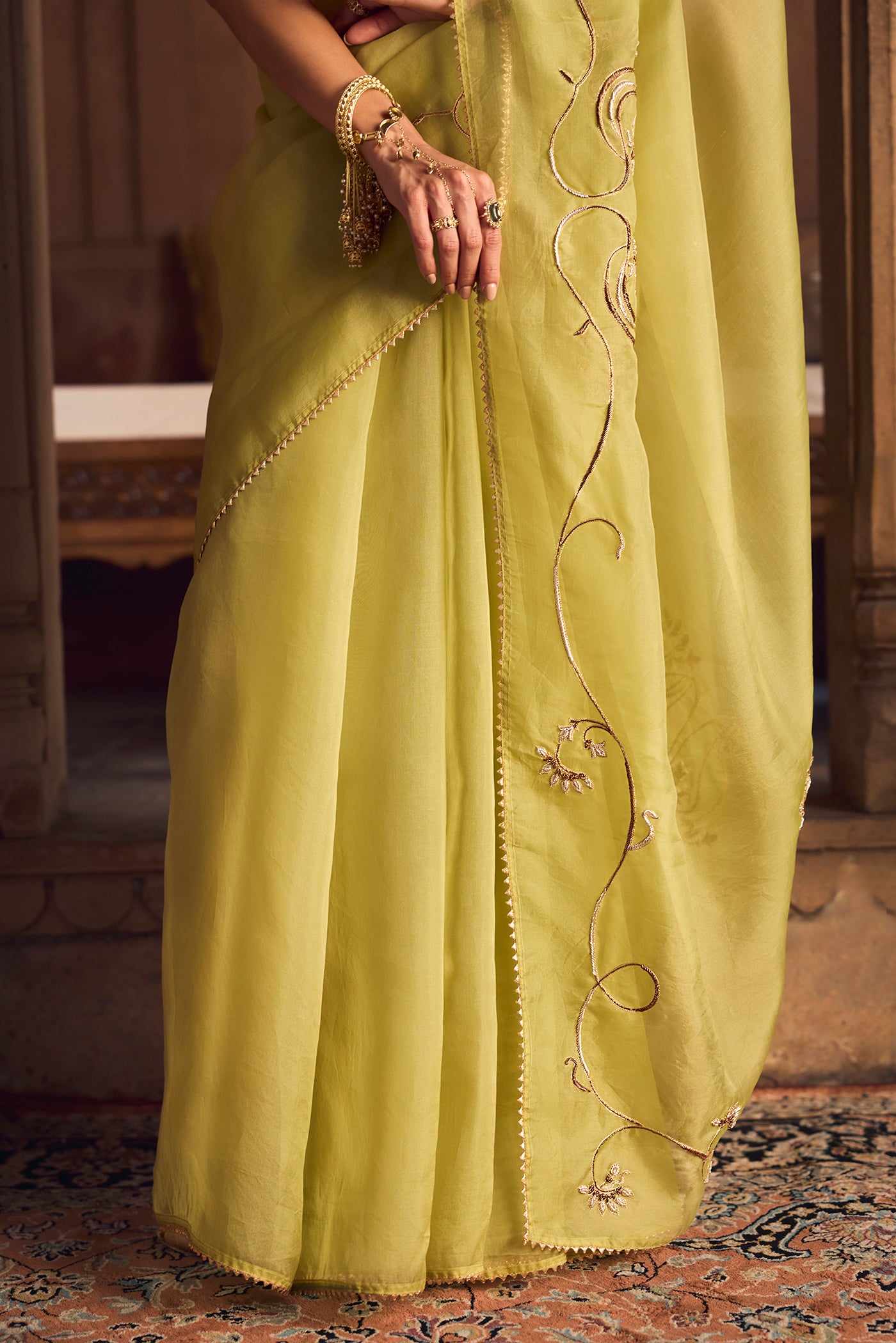Mira-Green Zardozi Organza Silk Saree