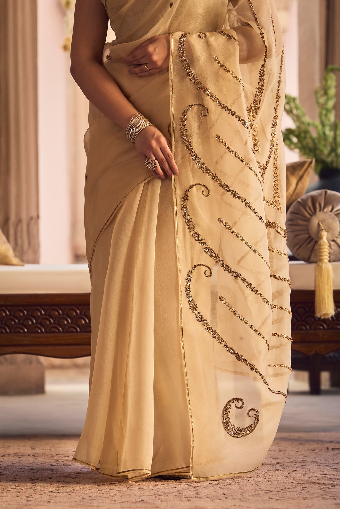 Sitara- Ivory Cream Zardozi Organza Silk Saree