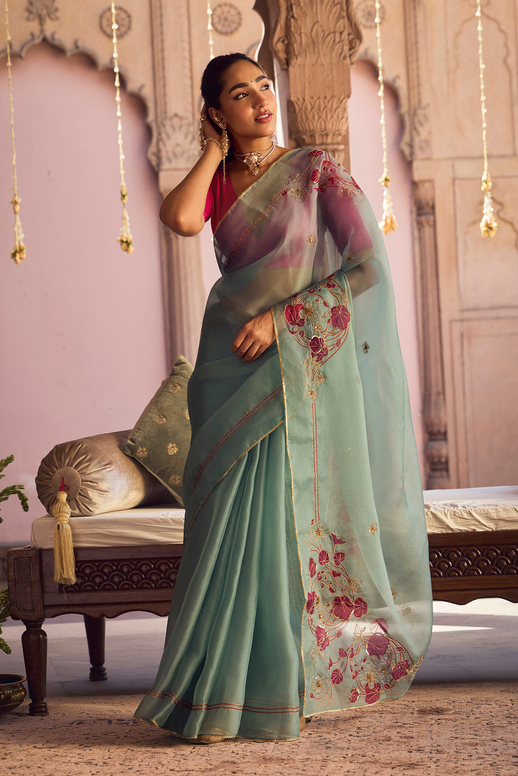 Aboli-Green Zardozi Organza Silk Saree