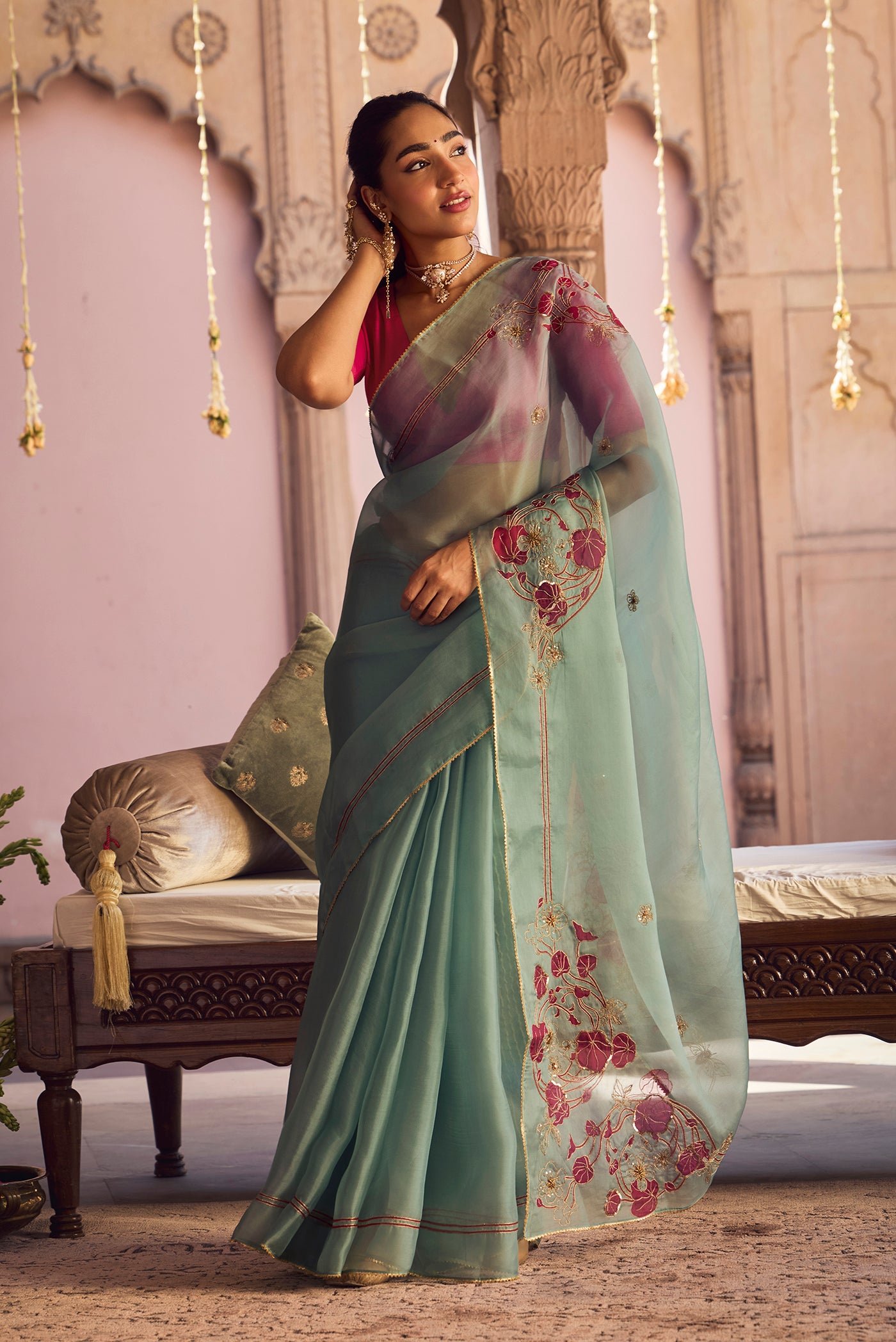 Aboli-Green Zardozi Organza Silk Saree