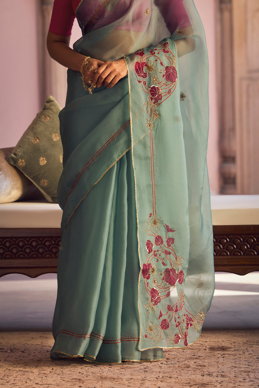 Aboli-Green Zardozi Organza Silk Saree