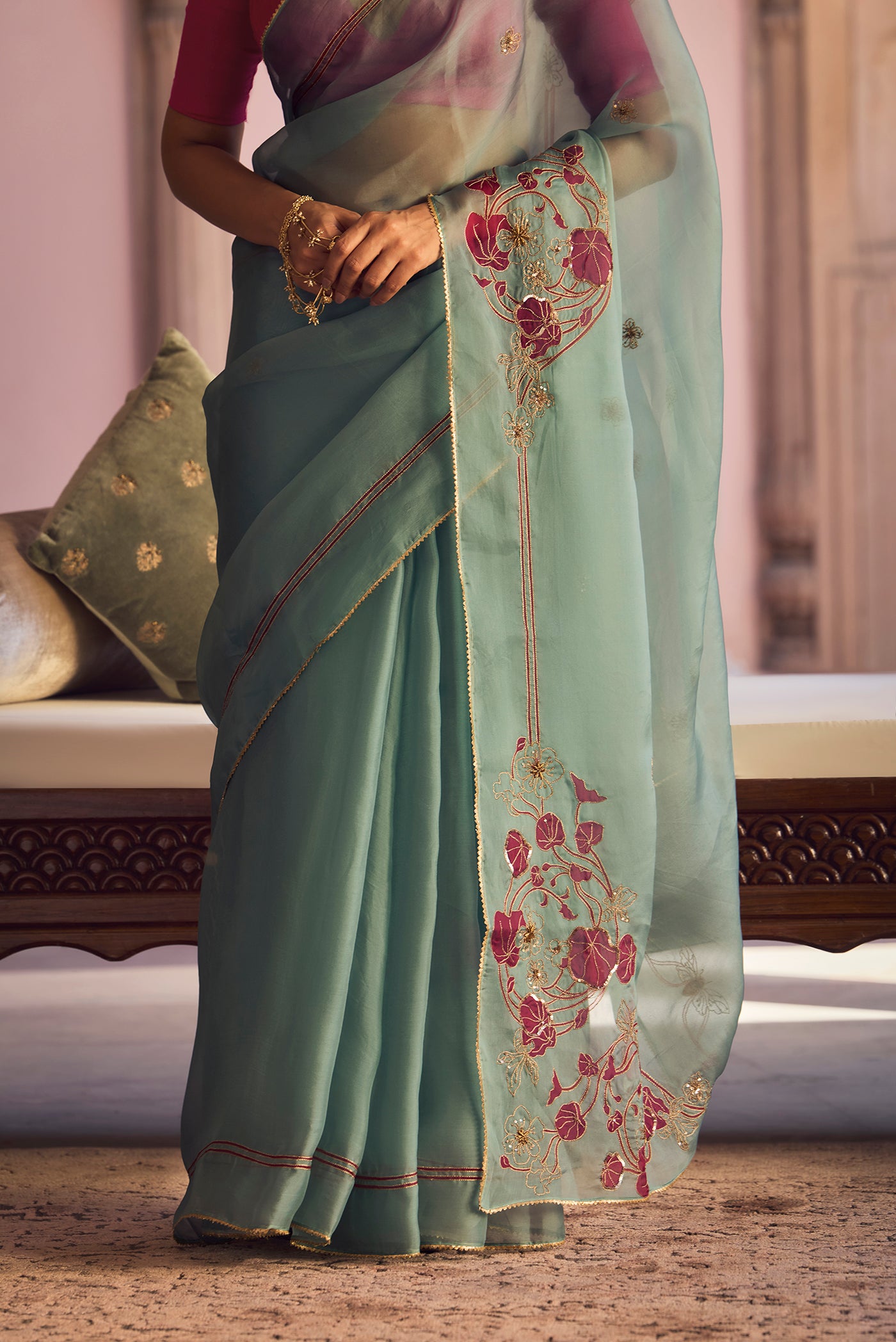 Aboli-Green Zardozi Organza Silk Saree