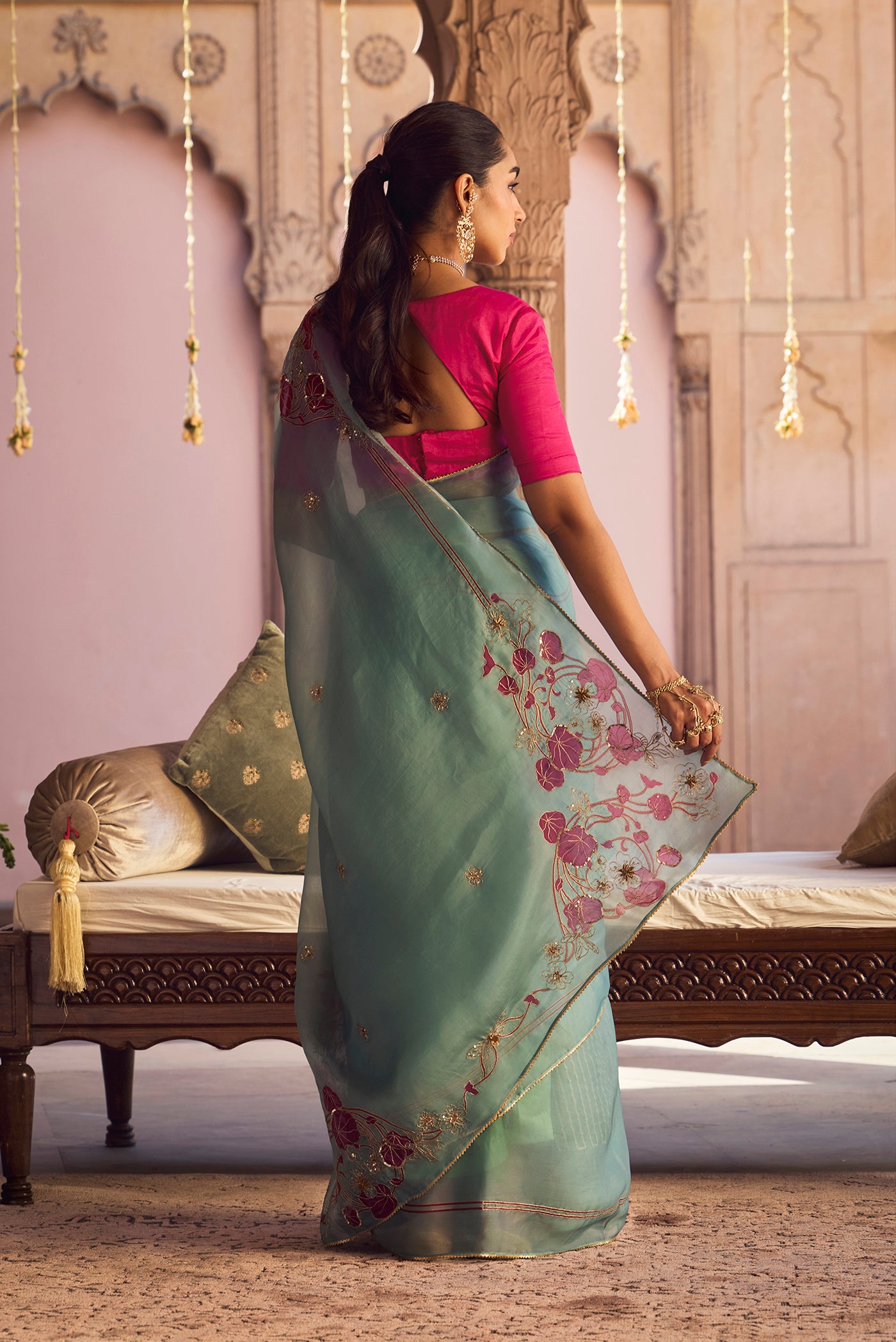 Aboli-Green Zardozi Organza Silk Saree