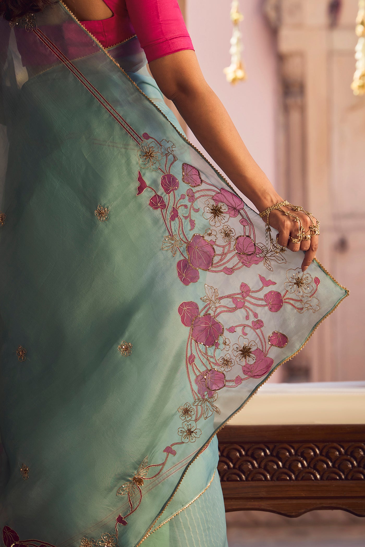 Aboli-Green Zardozi Organza Silk Saree
