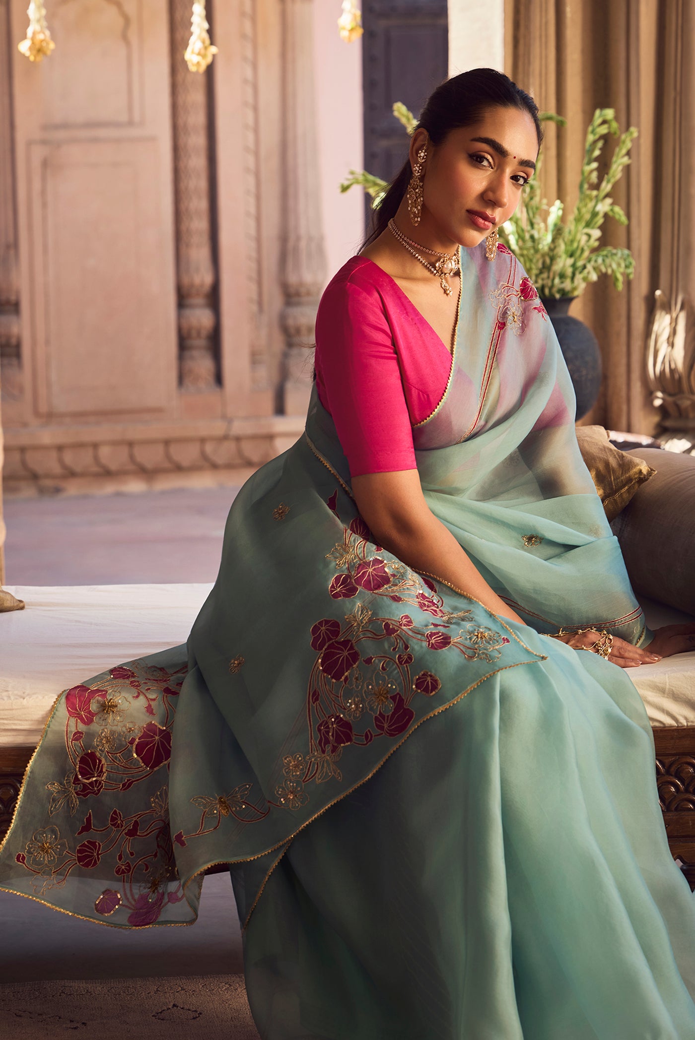 Aboli-Green Zardozi Organza Silk Saree