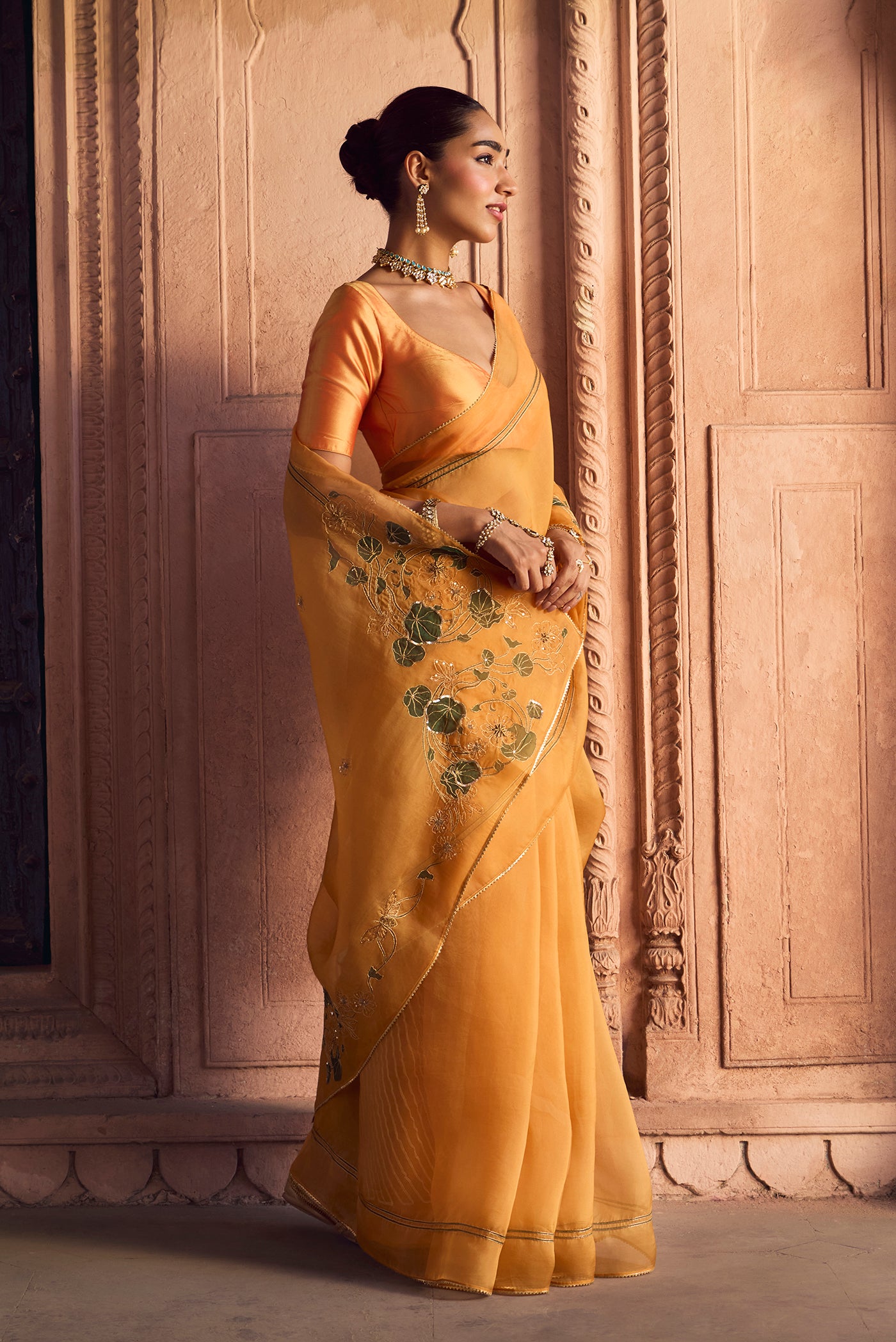 Aboli-Apricot Orange Zardozi Organza Silk Saree