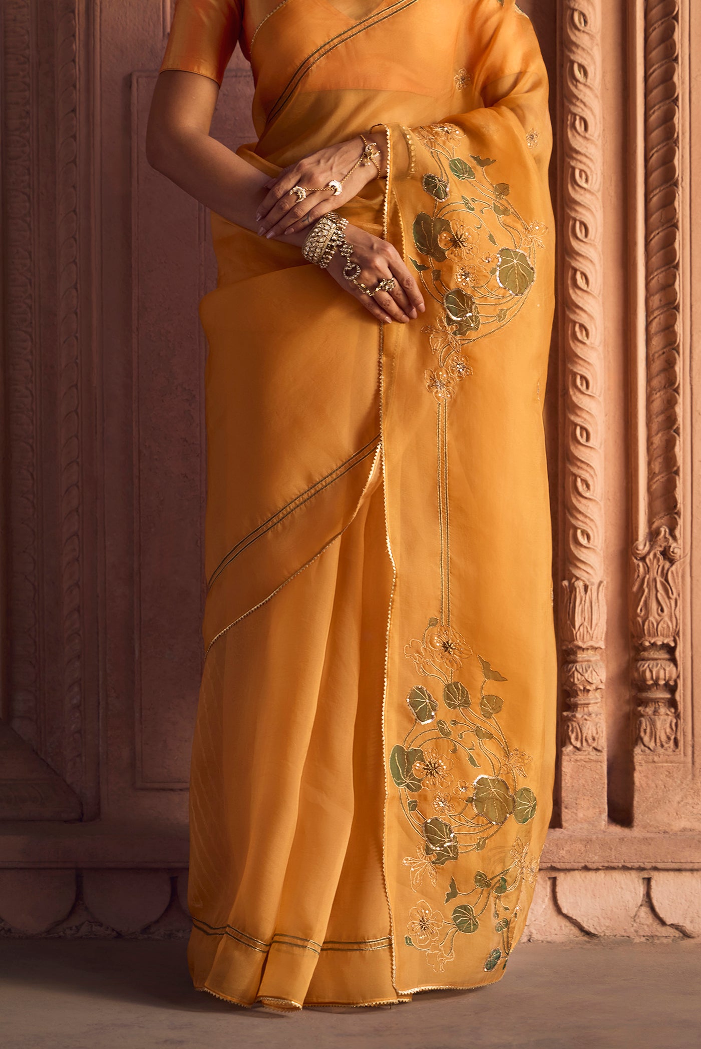 Aboli-Apricot Orange Zardozi Organza Silk Saree