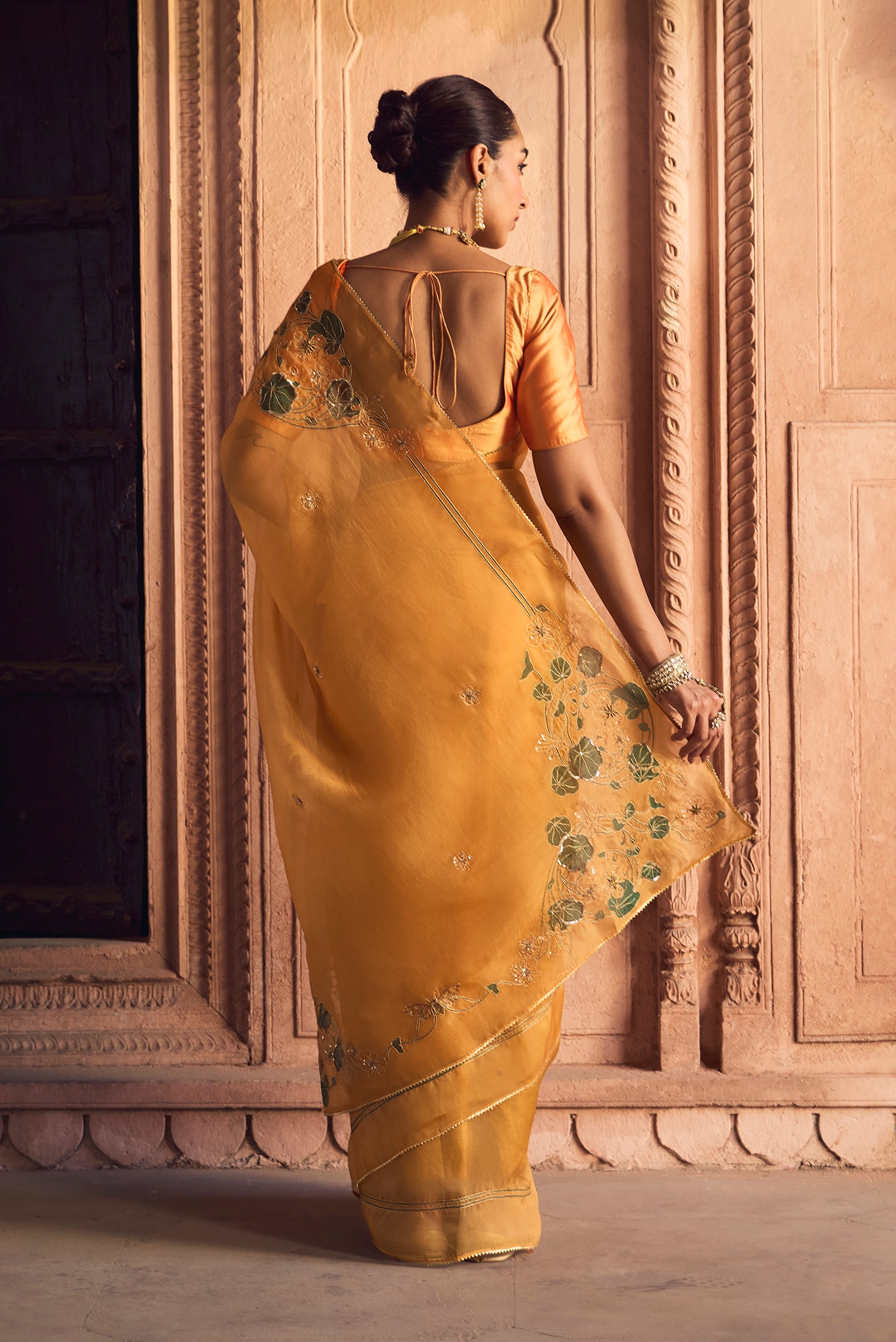 Aboli-Apricot Orange Zardozi Organza Silk Saree