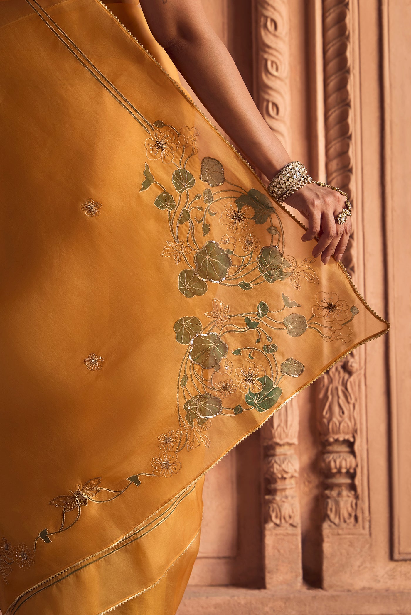 Aboli-Apricot Orange Zardozi Organza Silk Saree