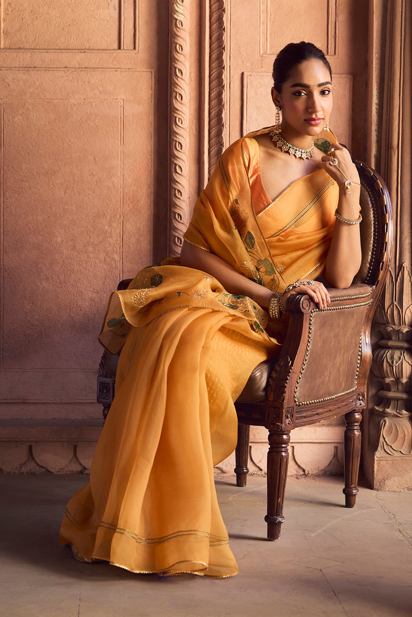 Aboli-Apricot Orange Zardozi Organza Silk Saree