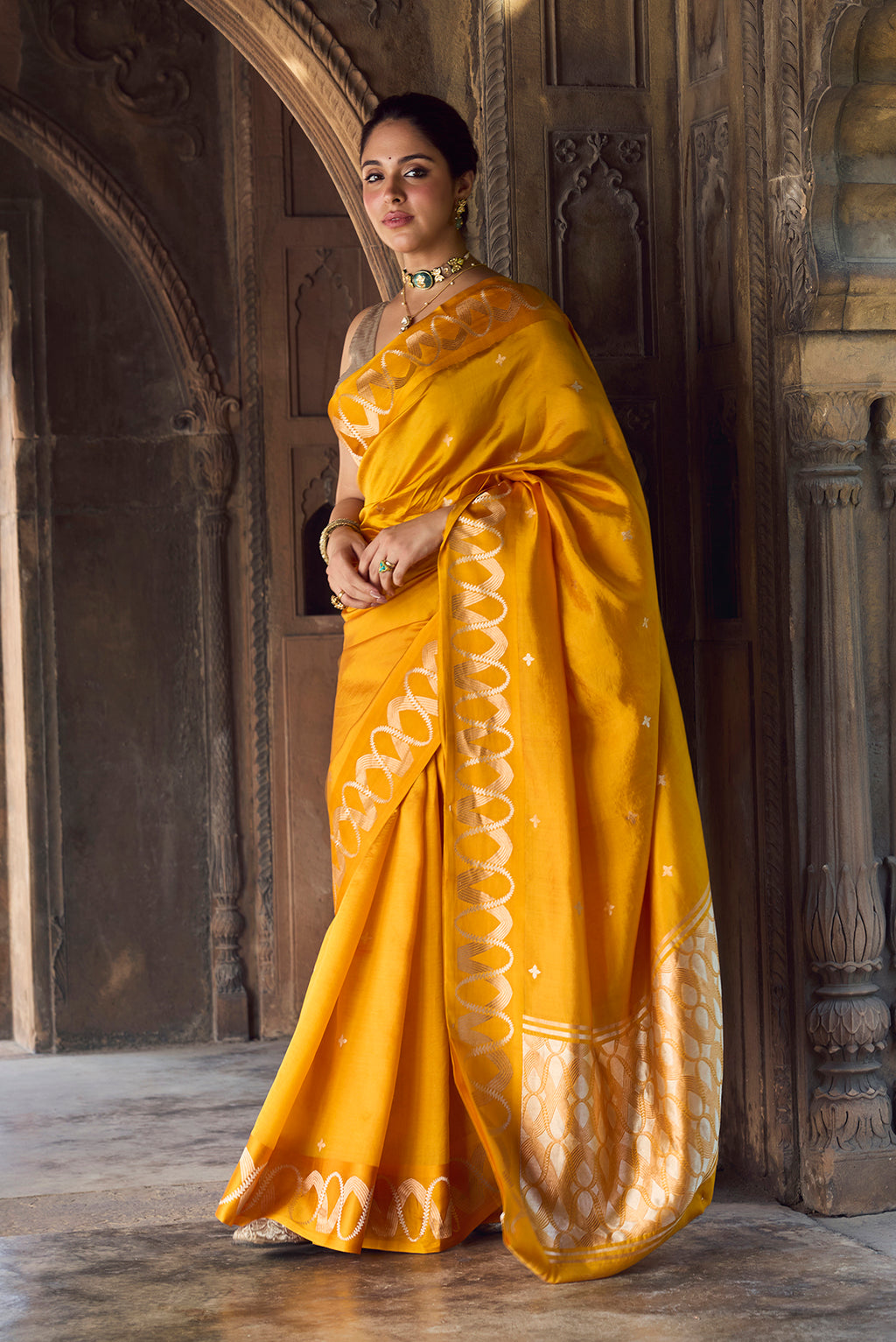 Miraaya-Mustard Gold Banarasi Katan Silk Saree