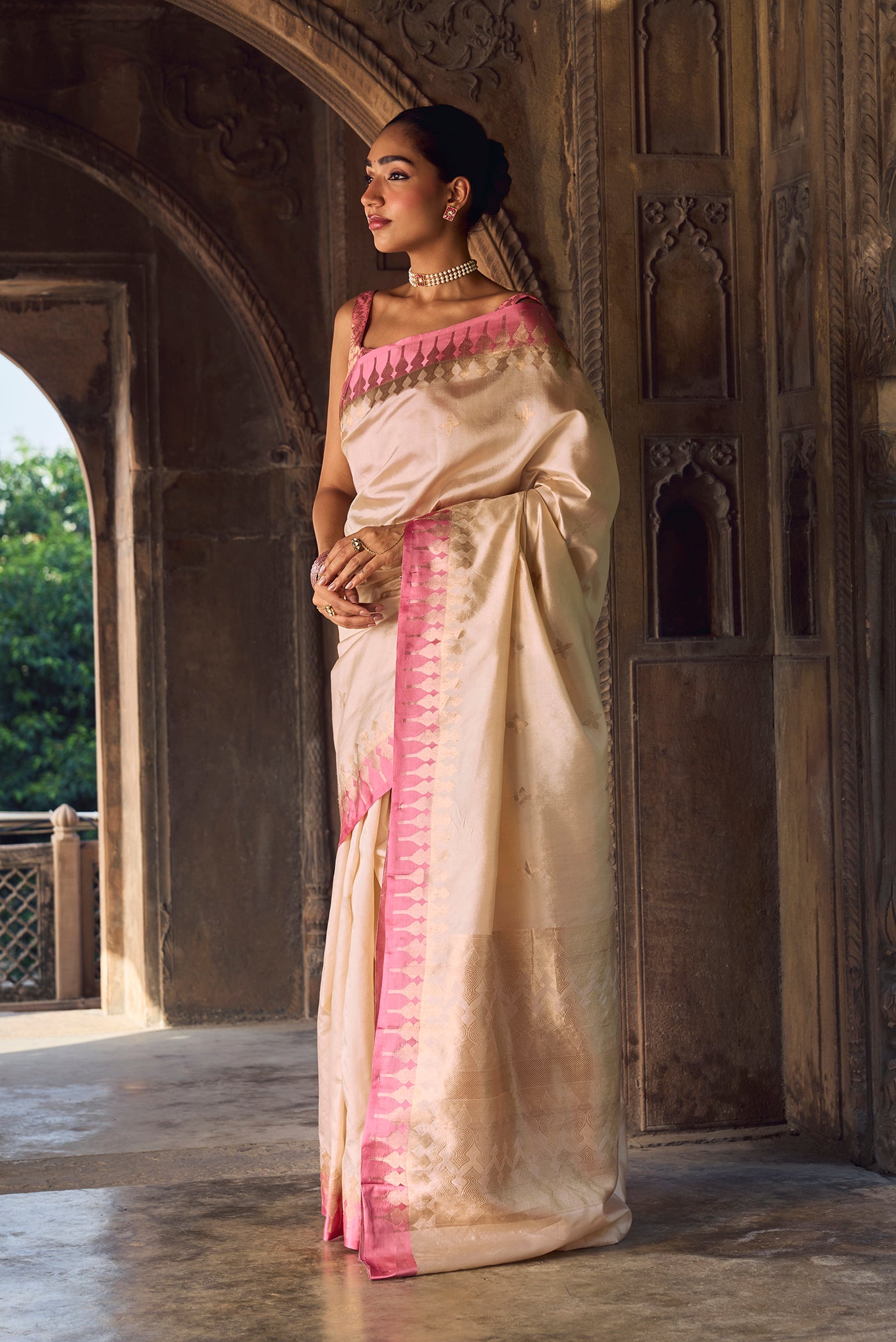 Mahima - Ivory Cream Banarasi Silk Saree