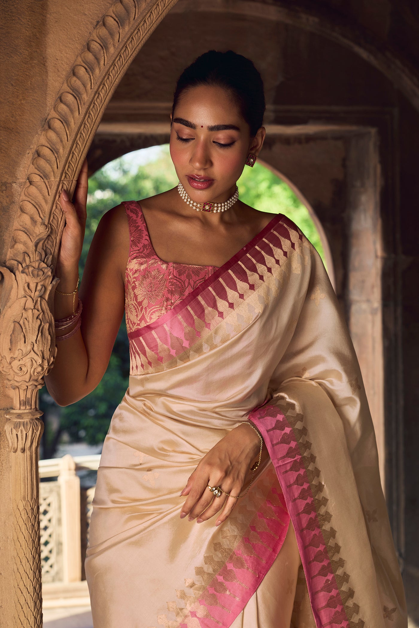 Mahima - Ivory Cream Banarasi Silk Saree