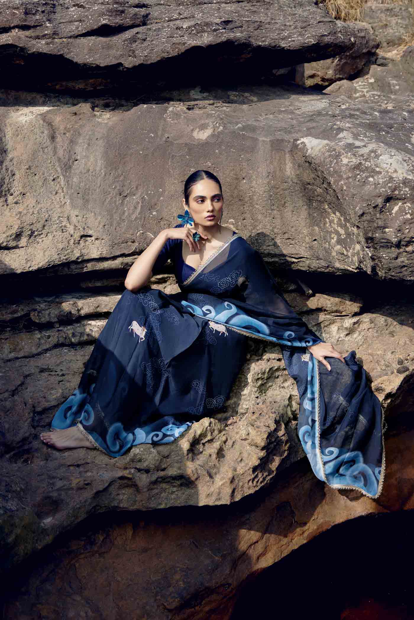 Sea of Tranquility-Dark Blue Pure Organza Silk Saree