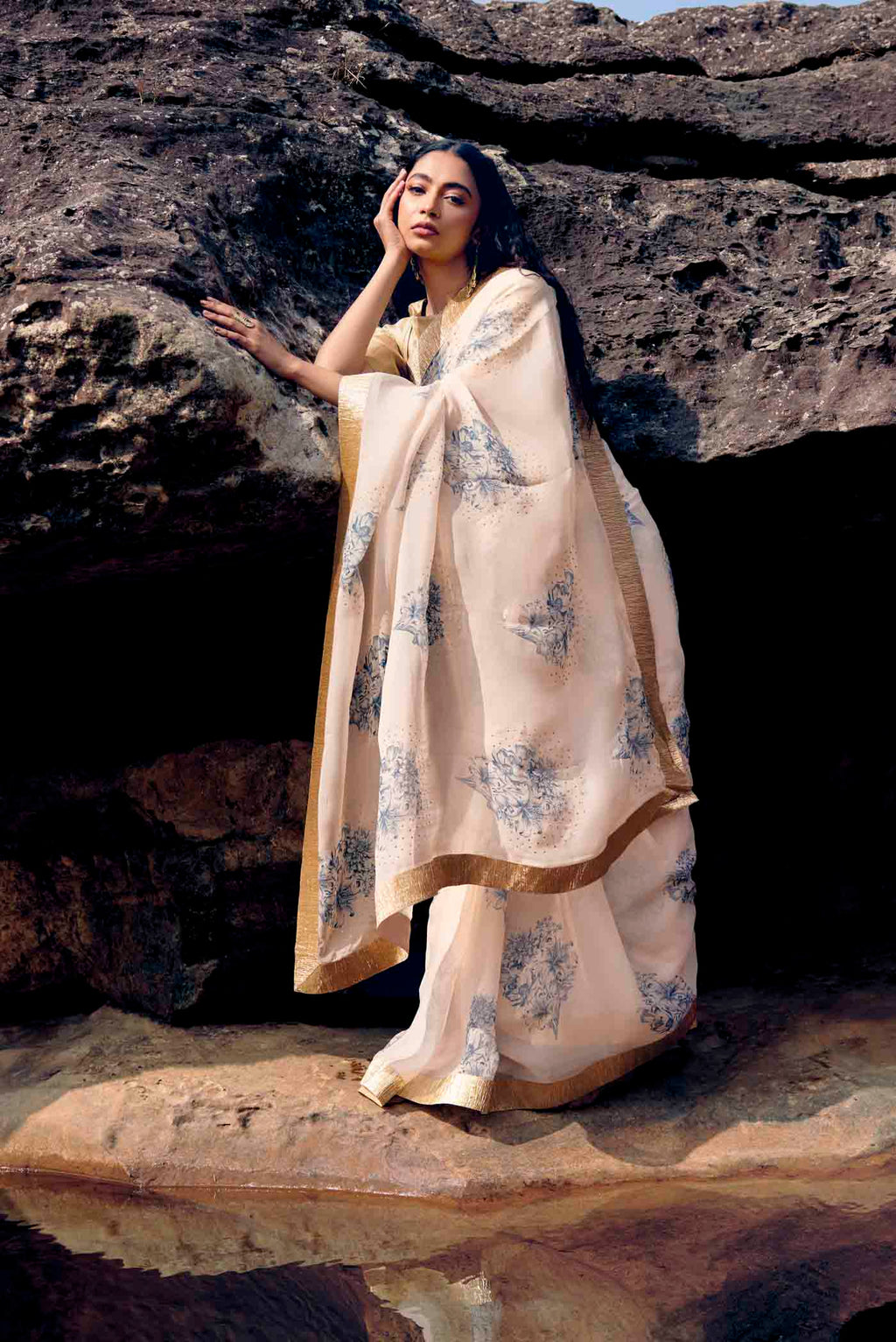 Etched in Gold-Off White Organza Silk Saree
