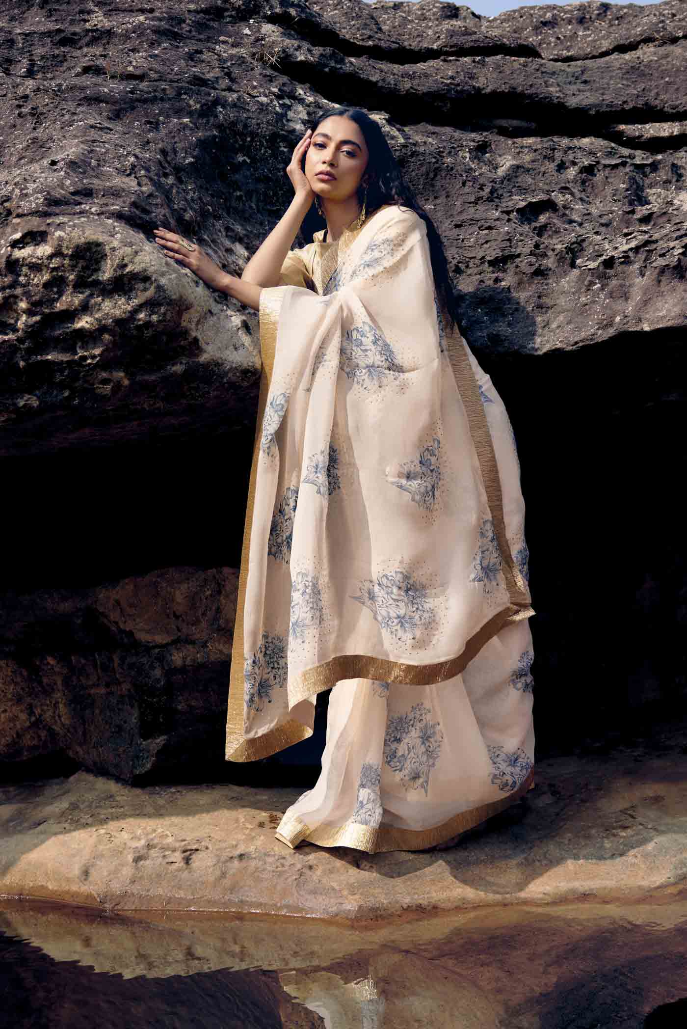 Etched in Gold-Off White Organza Silk Saree