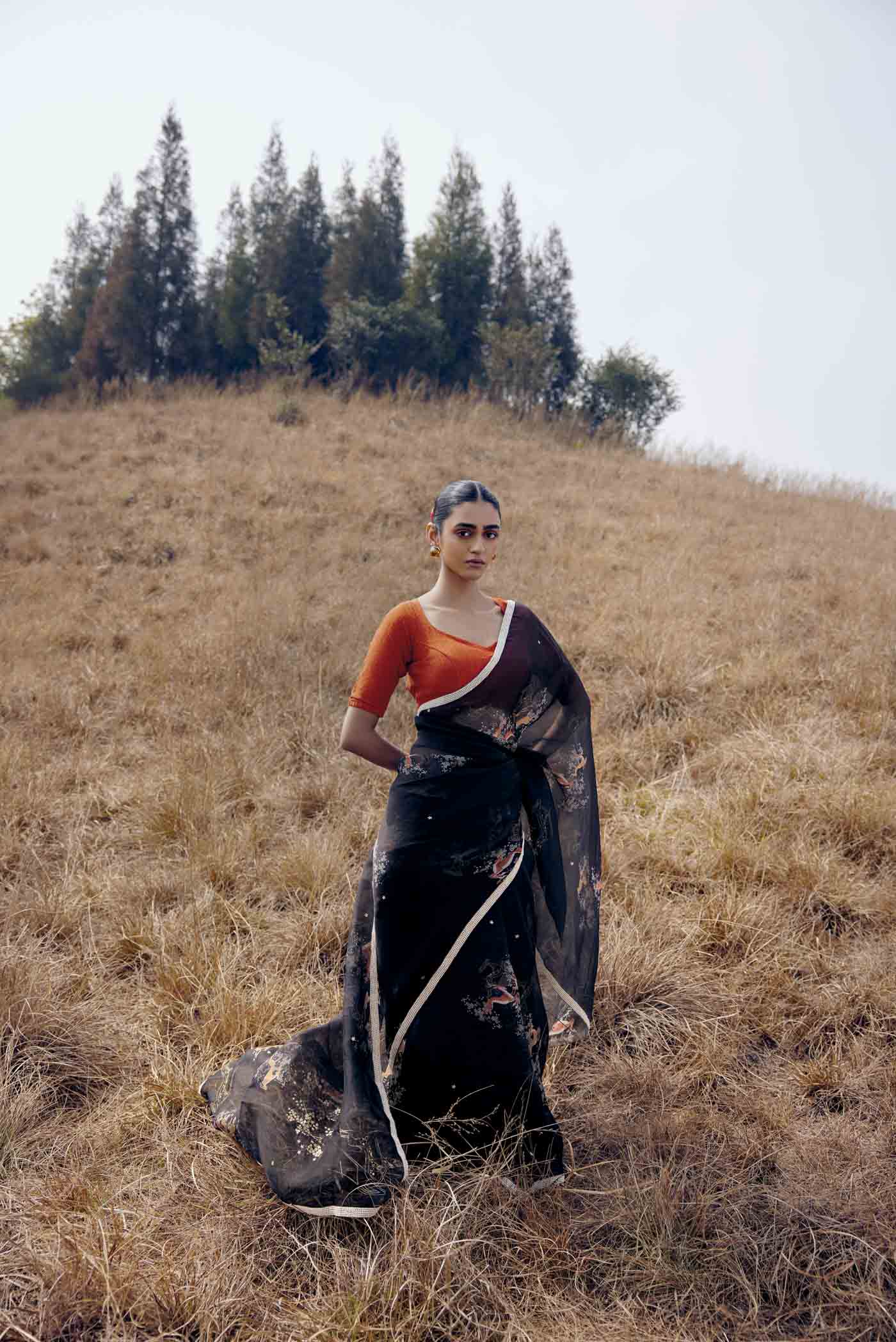 Leaping Deer-Black Pure Organza Silk Saree