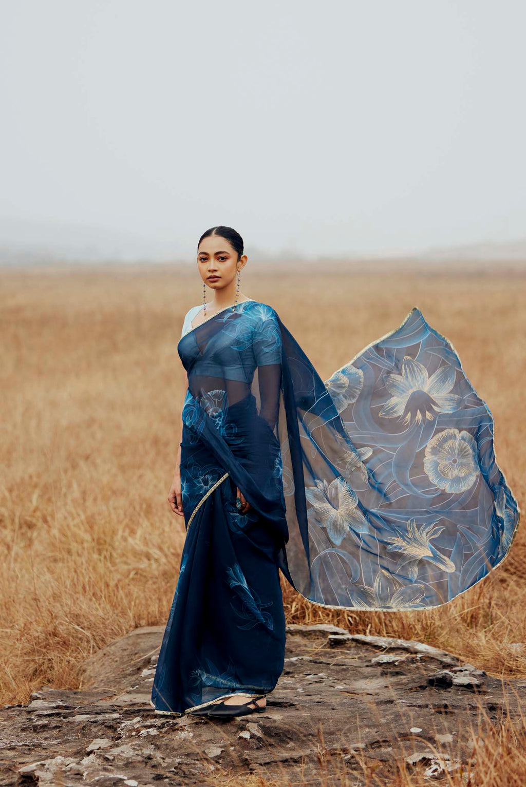 Gilded Daffodils-Blue Organza Silk Saree
