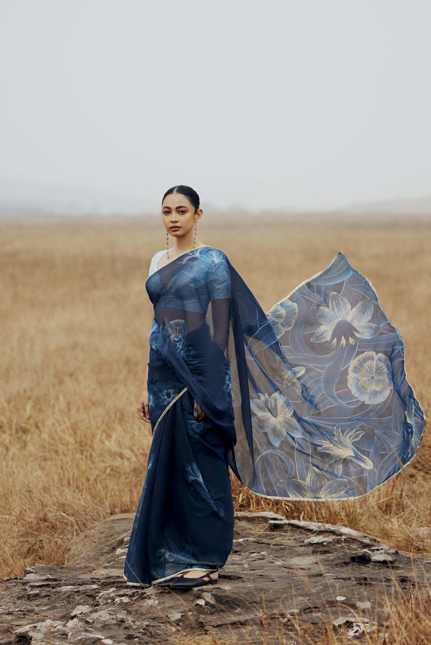 Gilded Daffodils-Blue Organza Silk Saree