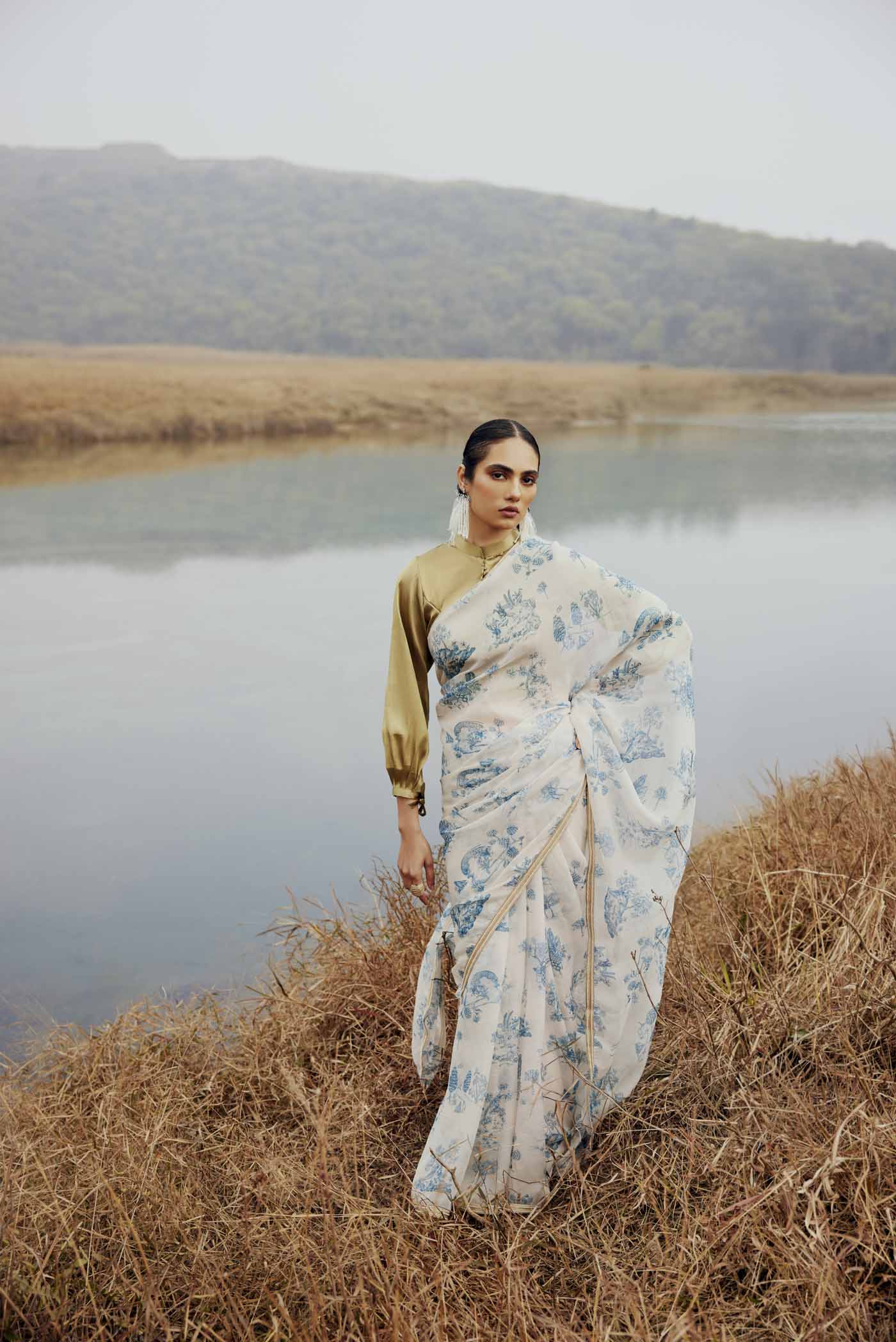 Blue Forest-White Organza Silk Saree