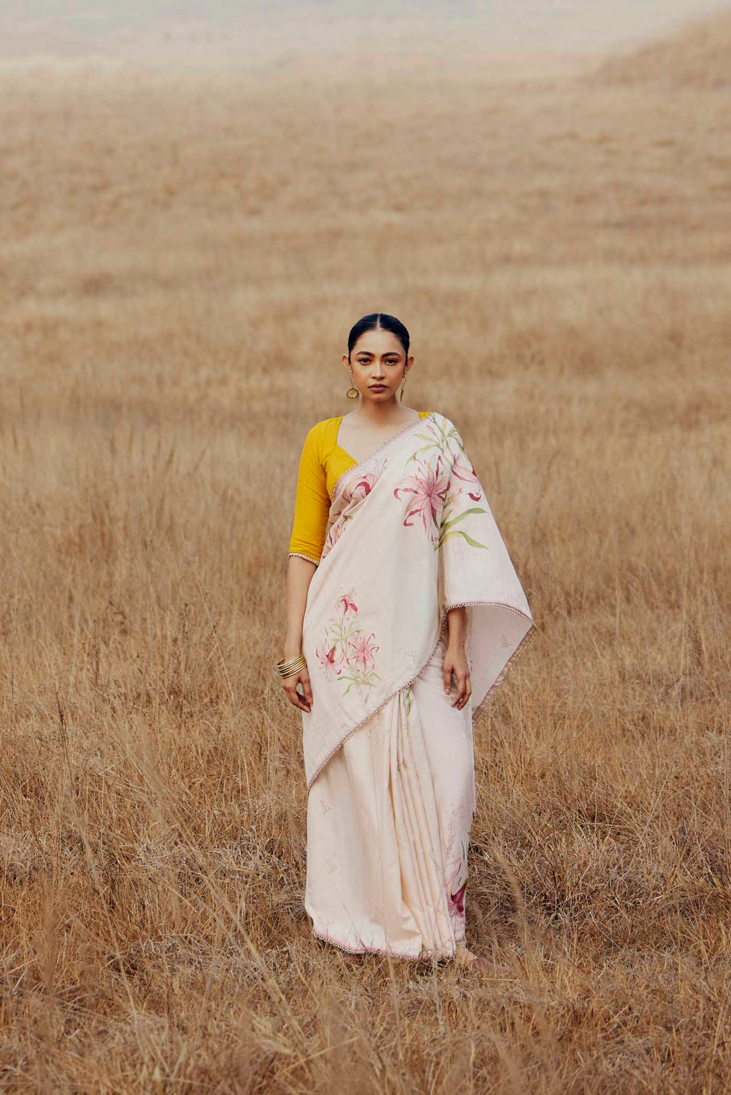 Tempest Lilies-Cream Tussar Silk Saree