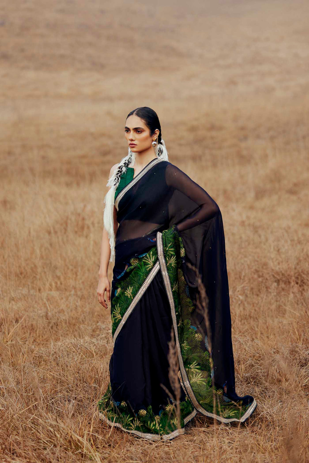 Peacocks in Love-Black Organza Silk Saree