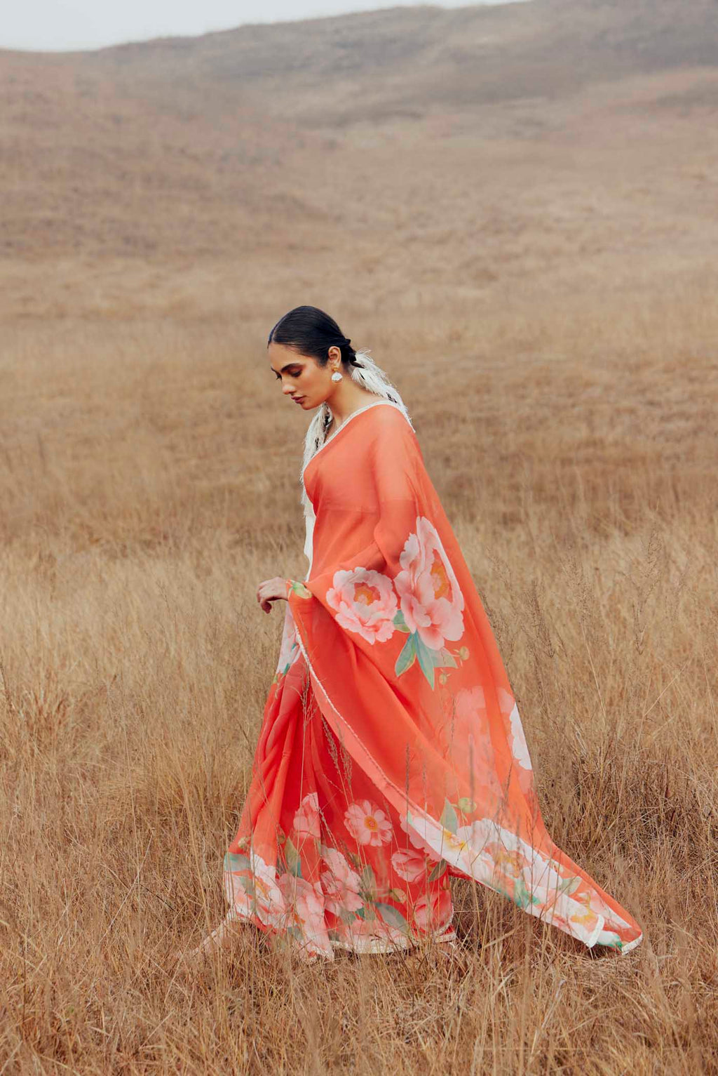 Flaming Peonies-Orange Organza Silk Saree