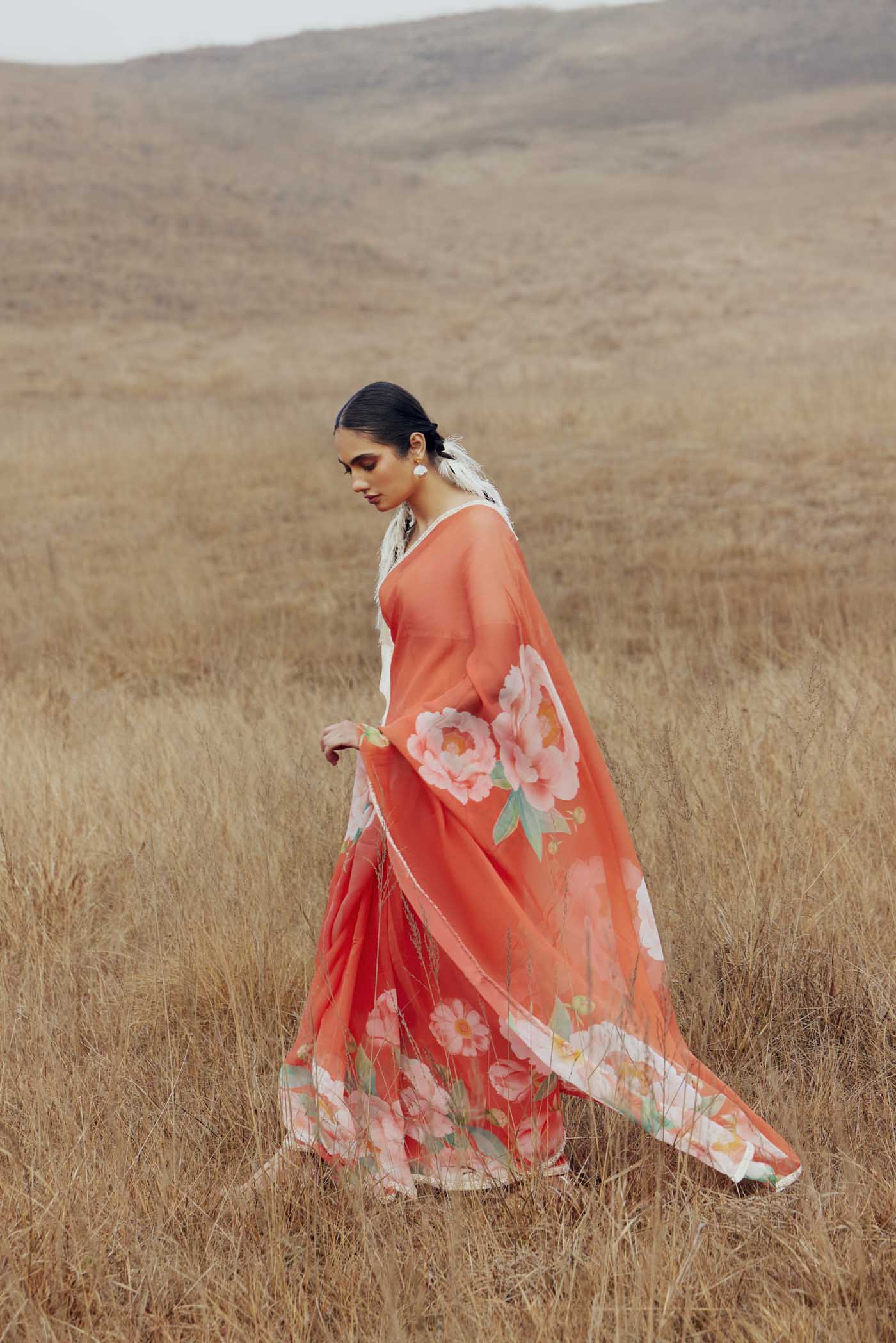 Flaming Peonies-Orange Organza Silk Saree