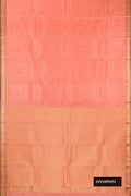 Peach Dual Tone Kanchipuram Silk Saree with Zari Butta on the body and Zari Border.  displayed on a mannequin