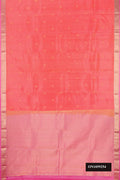 Peach Dual Tone Kanchipuram Silk Saree with Zari Butta on the body and Zari Border.  displayed on a mannequin