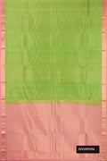 Parrot Green Dual Tone Kanchipuram Silk Saree with Zari Butta on the body and Zari Border.  displayed on a mannequin