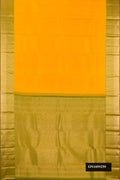 Yellow Dual Tone Kanchipuram Silk Saree with Zari Butta on the body and Zari Border.  displayed on a mannequin