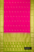 Dark Pink Dual Tone Kanchipuram Silk Saree with Zari Butta on the body and Zari Border.  displayed on a mannequin