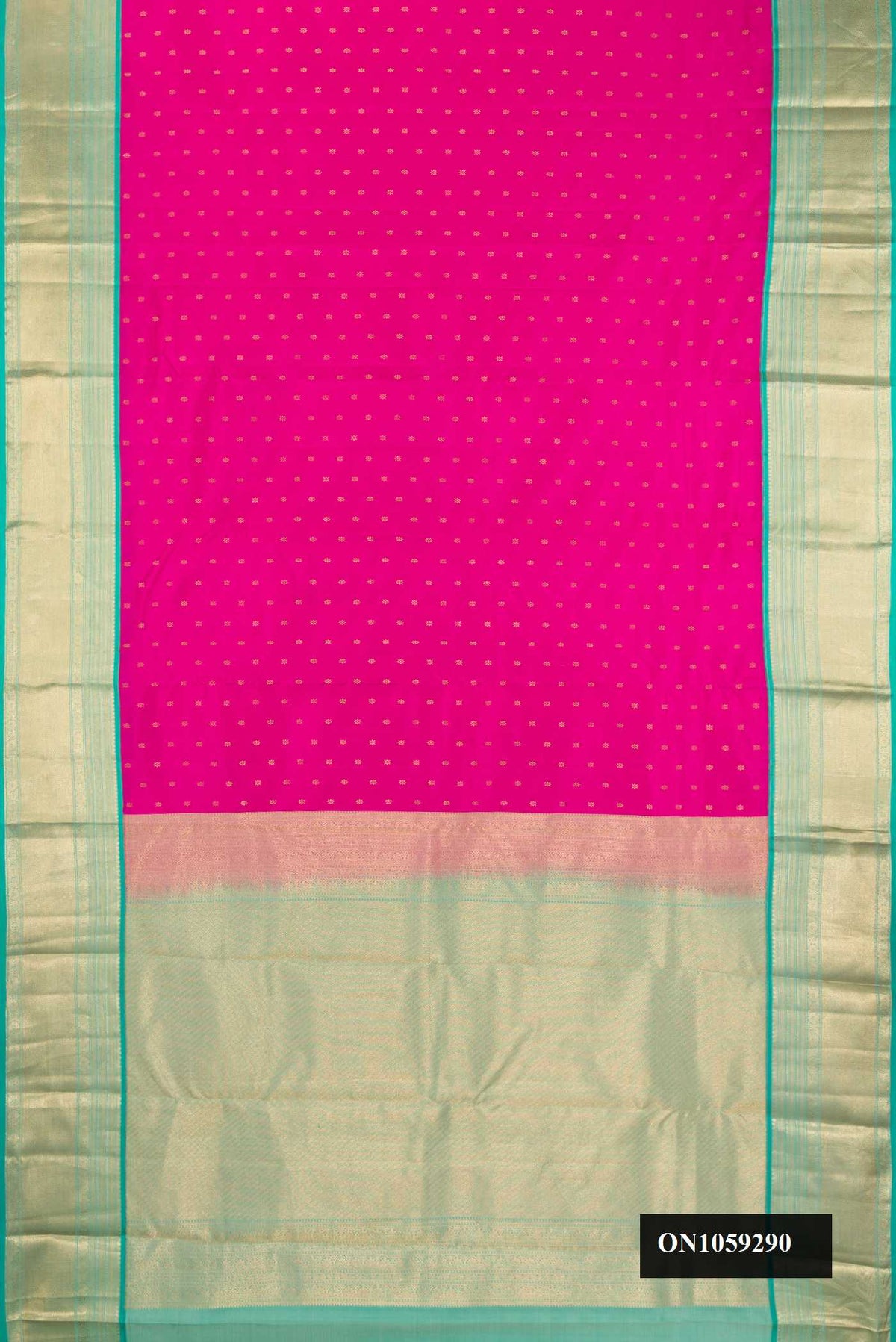 Dark Pink Dual Tone Kanchipuram Silk Saree with Zari Butta on the body and Zari Border.  displayed on a mannequin