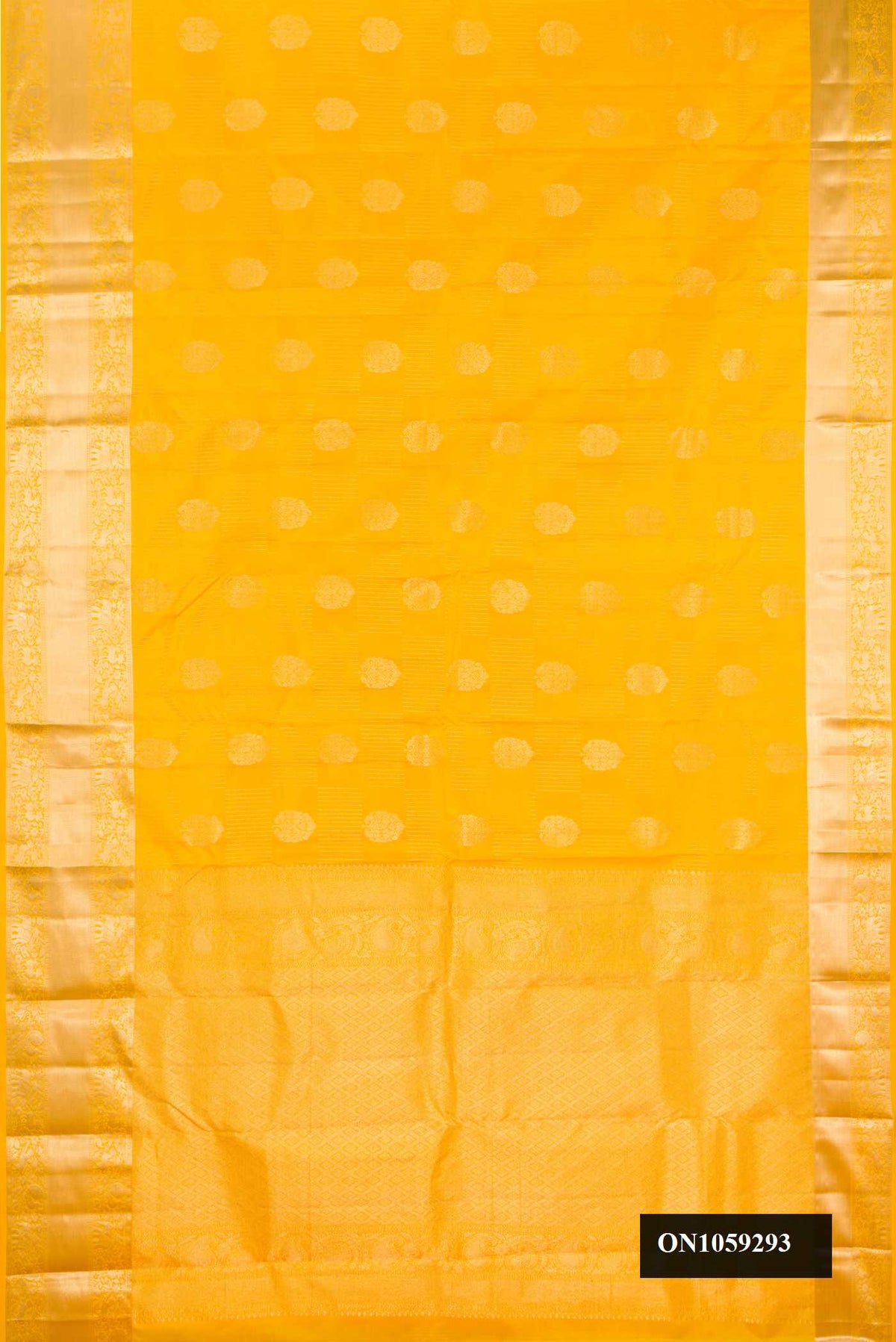 Yellow Dual Tone Kanchipuram Silk Saree with Stripes on the body and Zari Border.  displayed on a mannequin