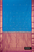 Sky Blue Dual Tone Kanchipuram Silk Saree with Stripes on the body and Zari Border.  displayed on a mannequin