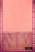 Peach Dual Tone Kanchipuram Silk Saree with Stripes on the body and Zari Border.  displayed on a mannequin