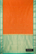 Orange Dual Tone Kanchipuram Silk Saree with Stripes on the body and Zari Border.  displayed on a mannequin