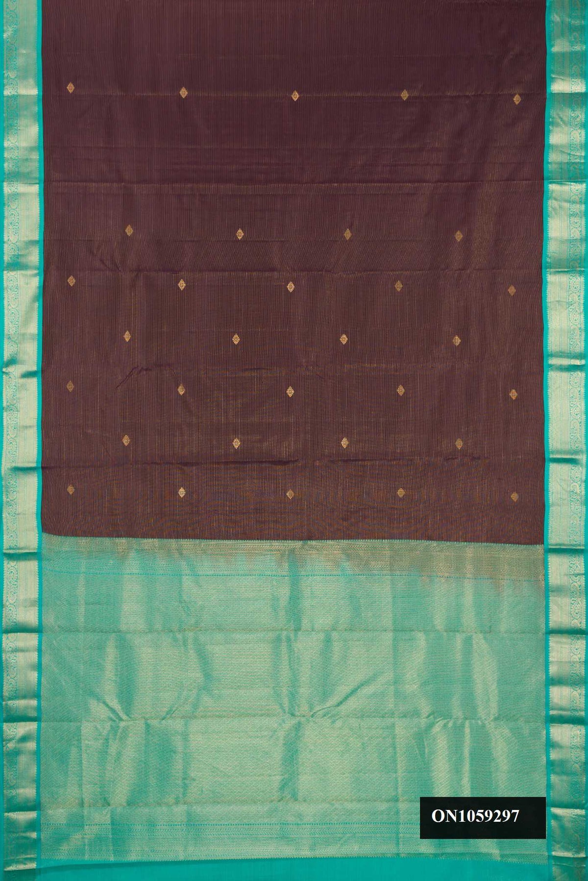 Brown Dual Tone Kanchipuram Silk Saree with Stripes on the body and Zari Border.  displayed on a mannequin