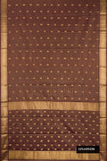 Brown Dual Tone Kanchipuram Silk Saree with Stripes on the body and Zari Border.  displayed on a mannequin