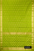 Parrot Green Dual Tone Kanchipuram Silk Saree with Stripes on the body and Zari Border.  displayed on a mannequin