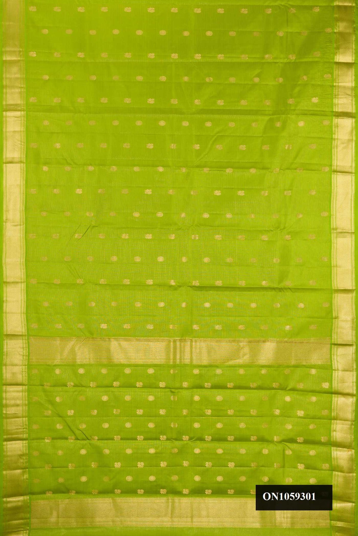 Parrot Green Dual Tone Kanchipuram Silk Saree with Stripes on the body and Zari Border.  displayed on a mannequin
