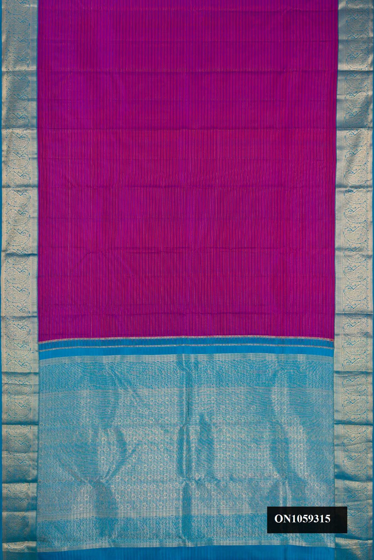 Purple Dual Tone Kanchipuram Silk Saree with Stripes on the body and Zari Border.  displayed on a mannequin