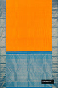 Yellow Dual Tone Kanchipuram Silk Saree with Stripes on the body and Zari Border.  displayed on a mannequin